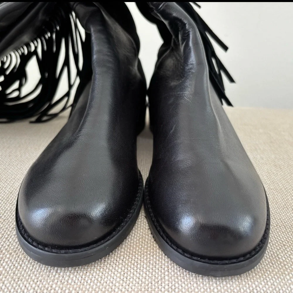 Stuart Weitzman Mane 5050 OTK Black Leather Boots NWOT Western Inspired Fringe 7